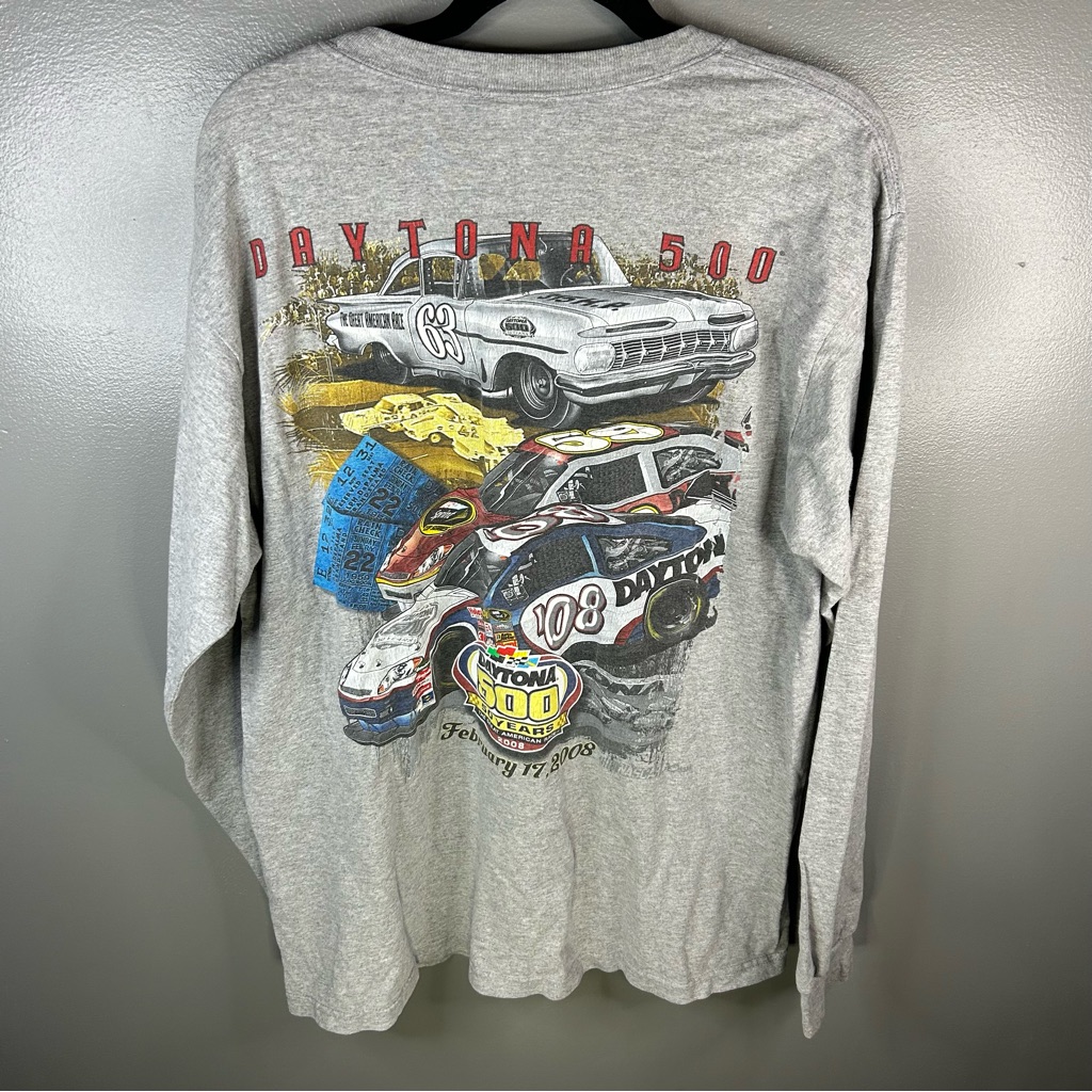Daytona 500 Nascar Racing 2008 Grey Graphic Long Sleeve Shirt Size Large